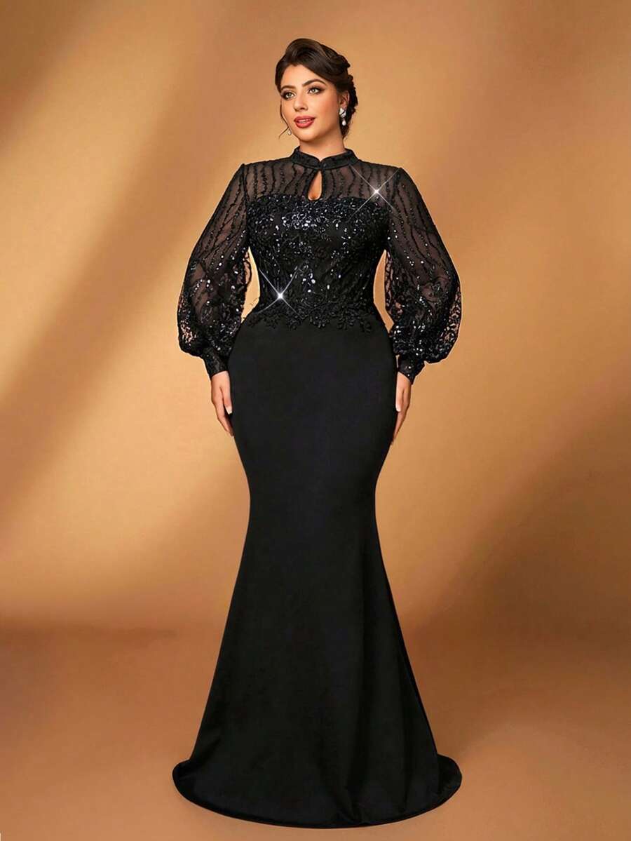 Serin Plus Size Elegant Black Winter Formal Wedding Mermaid Hem Dress,Teardrop Collar Puff Sleeve Sequin Patchwork Applique Mother Of The Bride Party Gown - Black - View 1