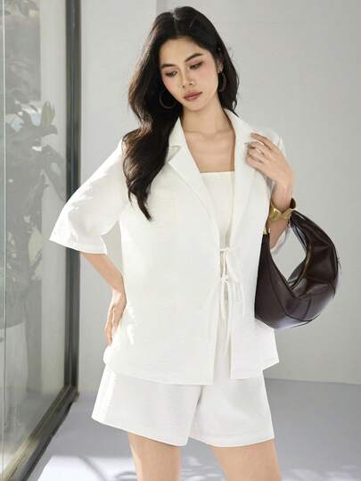 Heiryn Bộ đồ nữ gồm áo sơ mi và quần short buộc dây phía trước màu trơn, kiểu dáng thường ngày.