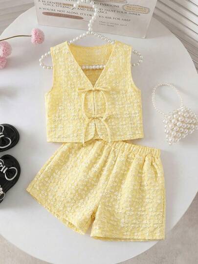 Teen Girl Casual V-Neck Bow Decor Sleeveless Textured Tank Top And Shorts Set