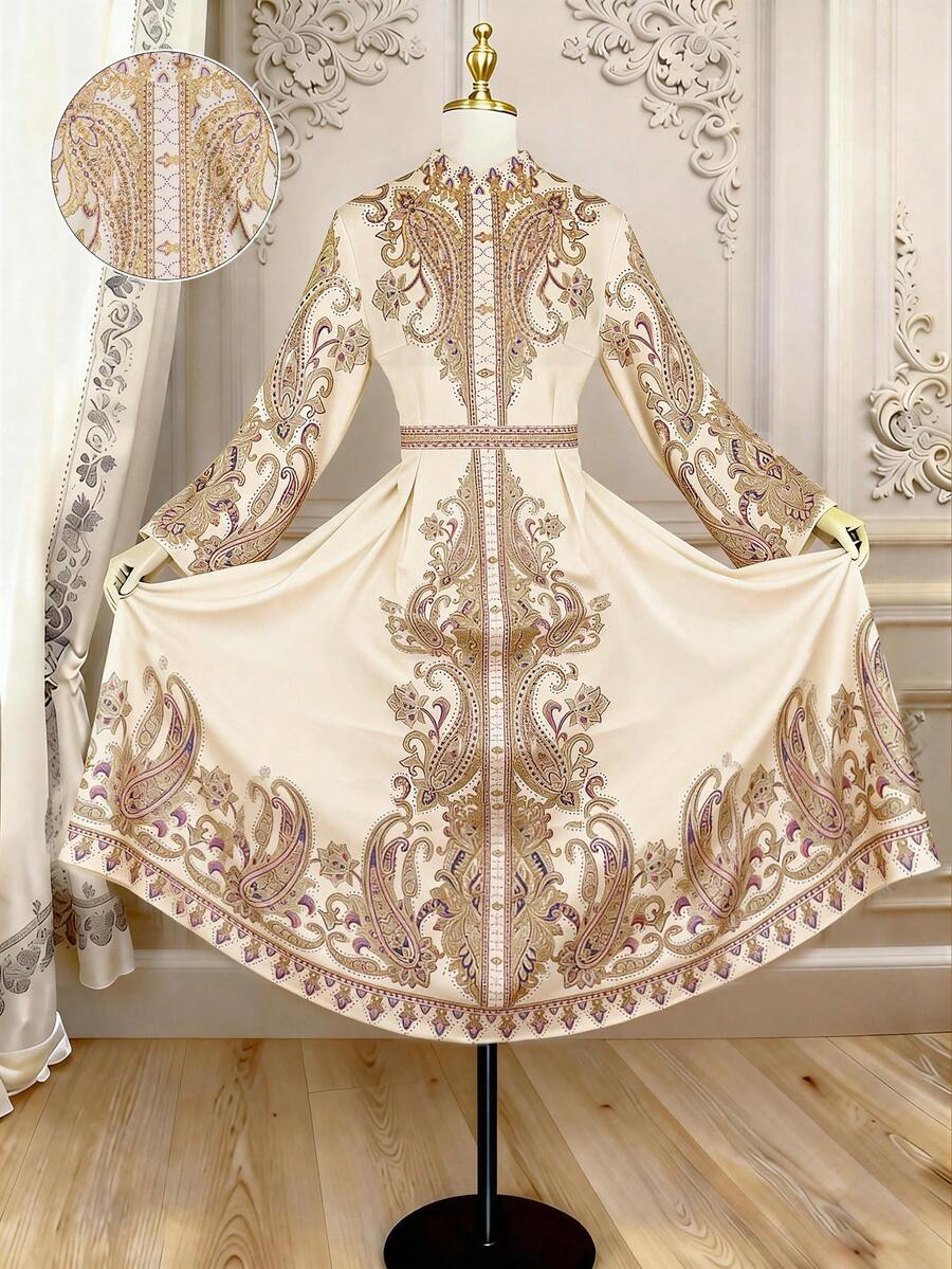 GlowEve Vestido de manga acampanada con estampado de paisley vintage elegante - Albaricoque - Ver 1