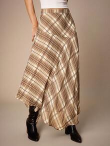 Maija 女士格子A字裙，高腰雪纺宽松夏季休闲沙滩生日派对裙，不对称西部乡村格子裙，情人节度假春夏派对裙 - 彩色 - 查看 1