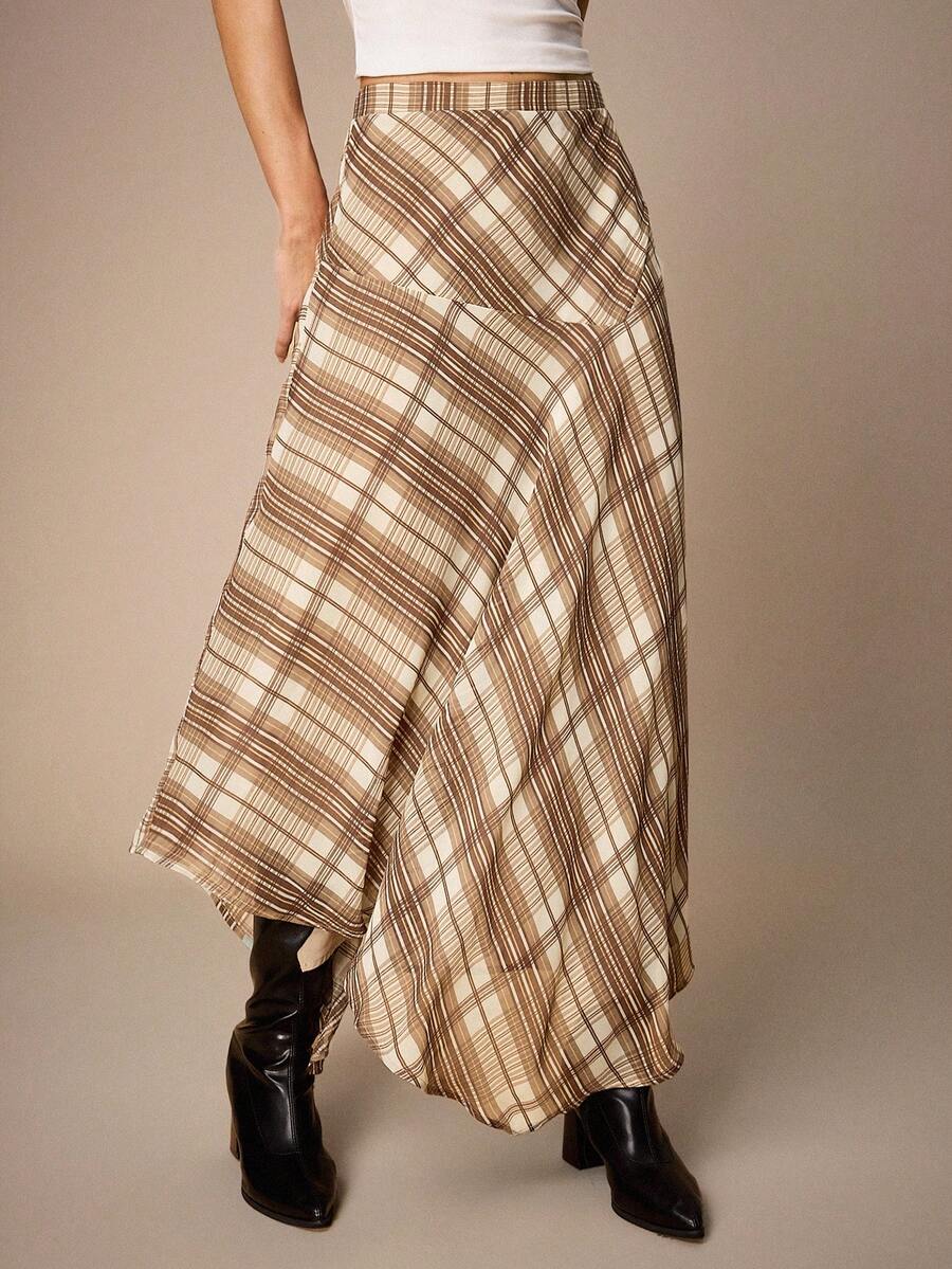 Maija 女士格子A字裙，高腰雪纺宽松夏季休闲沙滩生日派对裙，不对称西部乡村格子裙，情人节度假春夏派对裙 - 彩色 - 查看 1