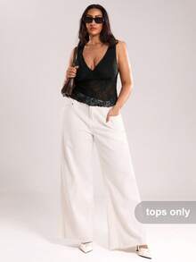 SHEIN BAE Áo kiểu nữ cỡ lớn gợi cảm màu đen họa tiết hoa, chất liệu ren lưới, phong cách đường phố, thích hợp cho các dịp thường ngày, đi chơi, hẹn hò, tiệc trà chiều, kỳ nghỉ, mùa xuân/hè. - màu đen - Xem 6