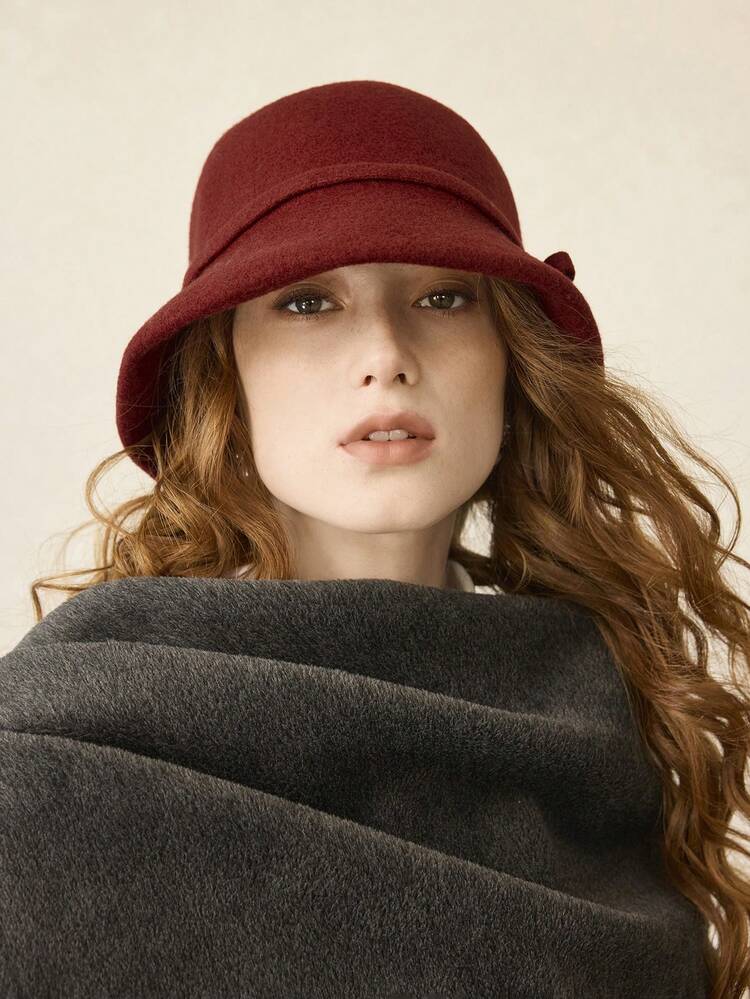 GREY WOOL BOWKNOT DECOR BUCKET HAT