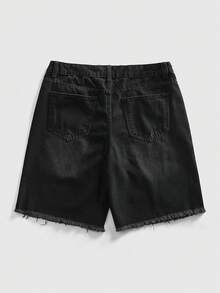 ROMWE MEN Men's Embroidered Pattern Slant Pocket Frayed Hem Casual Denim Shorts - Black - View 2