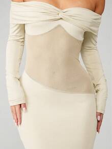 MISSGUIDED Vestido largo de fiesta formal con hombros descubiertos, mangas largas de malla y silueta ajustada - Crema - Ver 5