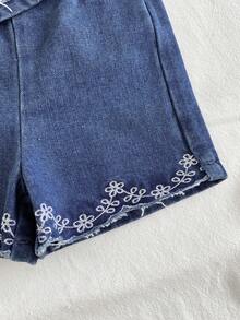 SHEIN Vintaside Kids Bộ đồ denim 2 mảnh cho bé gái, chất liệu denim đặc biệt, họa tiết thêu phong cách đồng quê, thời trang và thanh lịch, phù hợp cho mùa xuân, hè và thu giao mùa. - Màu xanh lam - Xem 9