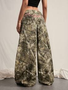 Easelle 女士休闲时尚街头风日常通勤全印花低腰宽松阔腿牛仔裤 - 彩色 - 查看 3