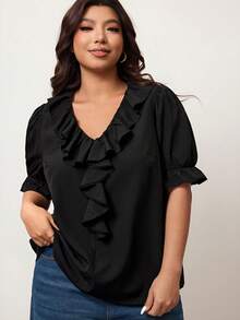 Enliva Áo kiểu nữ cỡ lớn cổ chữ V tay ngắn xếp bèo, áo hè cho nữ cỡ lớn màu đen, phù hợp với dáng người quả táo và tròn trịa. - màu đen - Xem 4