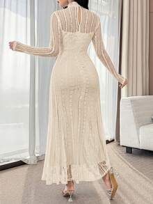 Modelyn Vestido de línea A de manga larga y encaje elegante para mujer - Albaricoque - Ver 7