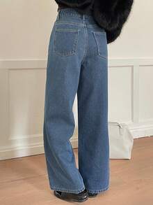 DAZY Quần jeans ống rộng cạp cao lót giữ nhiệt, màu đen, dáng suông dành cho nữ, thích hợp cho mùa thu/đông. - Rửa trung bình - Xem 2