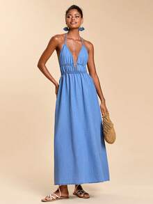 Travachic Women's Light Blue Denim Halter Neck Long Dress, Sexy Backless Summer Vacation Dress, Elegant Skirt - Light Wash - View 4