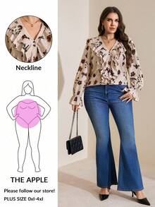 SHEIN LUNE Plus-Size Beige Summer Elegant Formal Wedding Guest Chiffon Floral Print Ruffled Collar Blouse - Multicolor - View 4