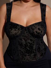 SHEIN BAE 大码女式植绒拼接蕾丝边吊带背心，秋冬季，圣诞派对上衣，新年装扮，感恩节，优雅正式上衣，婚礼上衣，秋季，生日黑色上衣 - 黑色 - 查看 2