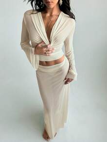 Aloruh Dam Nytt Chiffong-set med omslag, sexigt och elegant, semesteroutfit, enfärgat, aprikosfärgat, strandkläder, 2-delat set, urringad, långärmad topp + midikjol med låg midja och a-linjeform. - Aprikos - Visa 7