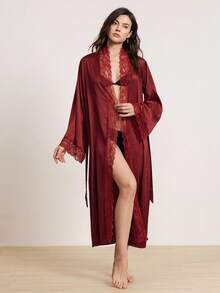 Hourtrue Women's Elegant Satin Belted Robe, Soft Lace Trim, Bell Sleeves, With Belt, Smooth And Comfortable, Suitable For Home Use, Fall, Christmas, Winter - Burgundy - View 1