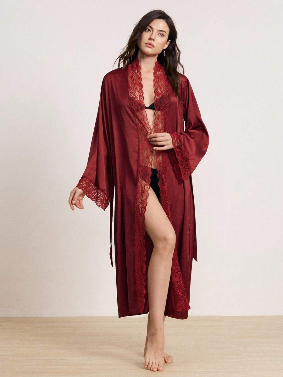 Hourtrue Women's Elegant Satin Belted Robe, Soft Lace Trim, Bell Sleeves, With Belt, Smooth And Comfortable, Suitable For Home Use, Fall, Christmas, Winter - Burgundy - View 1