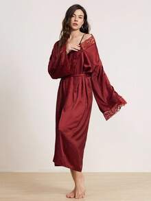Hourtrue Women's Elegant Satin Belted Robe, Soft Lace Trim, Bell Sleeves, With Belt, Smooth And Comfortable, Suitable For Home Use, Fall, Christmas, Winter - Burgundy - View 3
