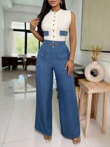 Vavine 优雅商务休闲女装套装，包括罗纹翻领修身性感金属纽扣背心上衣和直筒弹力腰休闲裤，两件套 - 彩色 - 查看 4