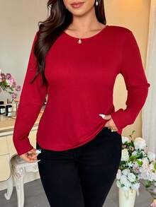 Vionelle Plus Size Women's Red And White Autumn Elegant Party 3D Organza Bow Back Knit Long Sleeve T-Shirt Jumper,Valentine's Day V Neck Pullover Casual Top - Red - View 2