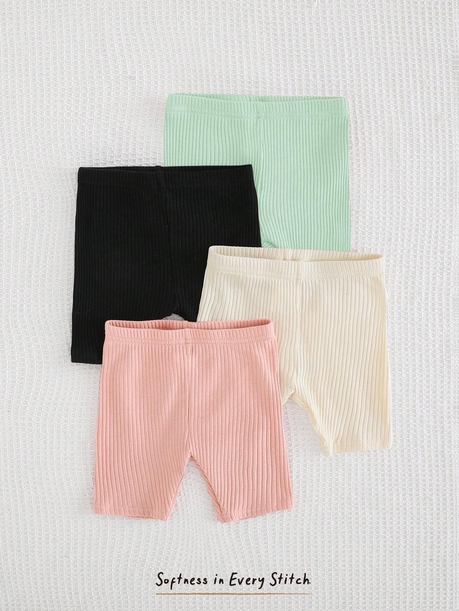 Cozy Pixies 4pcs/Set Baby Girl Solid Color Knitted Soft Elastic Waist Casual Shorts Baby Girl Bottoms Baby Girl Biker Short Toddler Bike Shorts - Green - View 1