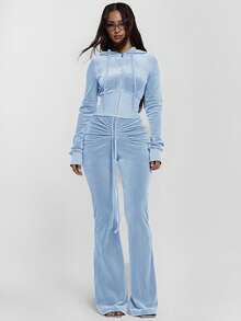 MUSERA Velour Cinched Fitted Waist Zip Through Hooded Sweatshirt Cute Going Out Daily Office School Spring Summer - Baby Blue - View 3