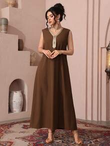 Al Najma Elegant Lace Trim Cardigan & Sleeveless Dress, Turkish & Arabic Traditional Long Robe For Women - Coffee Brown - View 7