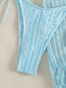 Swim Mod 3件套女士纯色性感荷叶边挂脖系带三角比基尼套装 - 薄荷藍 - 查看 7