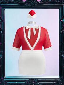 Fantasy Costume 情人节空姐制服三件套：花卉蕾丝拼接迷你裙，性感深V领，蝴蝶结装饰，撞色设计，可爱浪漫，露背，适合日常穿着、派对、酒吧、睡裙、大码内衣 - 紅色 - 查看 6