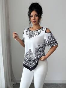 SHEIN Elenzya 优雅度假通勤黑白印花不对称下摆女士短袖衬衫 - 黑與白 - 查看 5