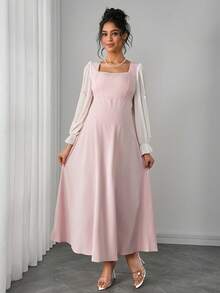 Momance Gaun Hamil dengan Hem Bergelombang, Lengan Lentera, Dekorasi Pita, Leher Persegi, Bagian Belakang Berkerut, Pita Pengikat, Gaun Model A-Line - Baby Pink - View 3