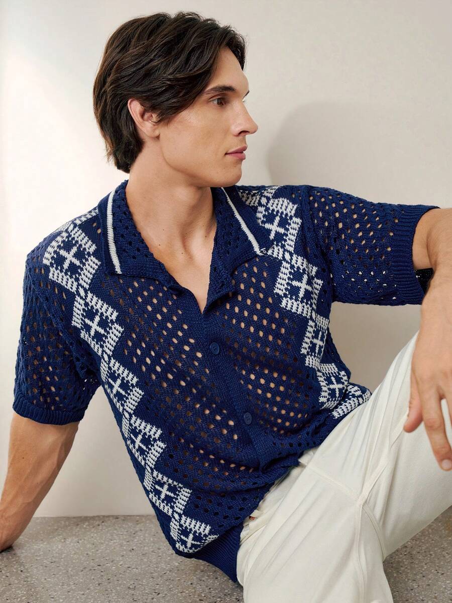 RONVEXI Men's Geometric Hollow Out Short Sleeve Single-Breasted Casual Knit Top - White - View 1