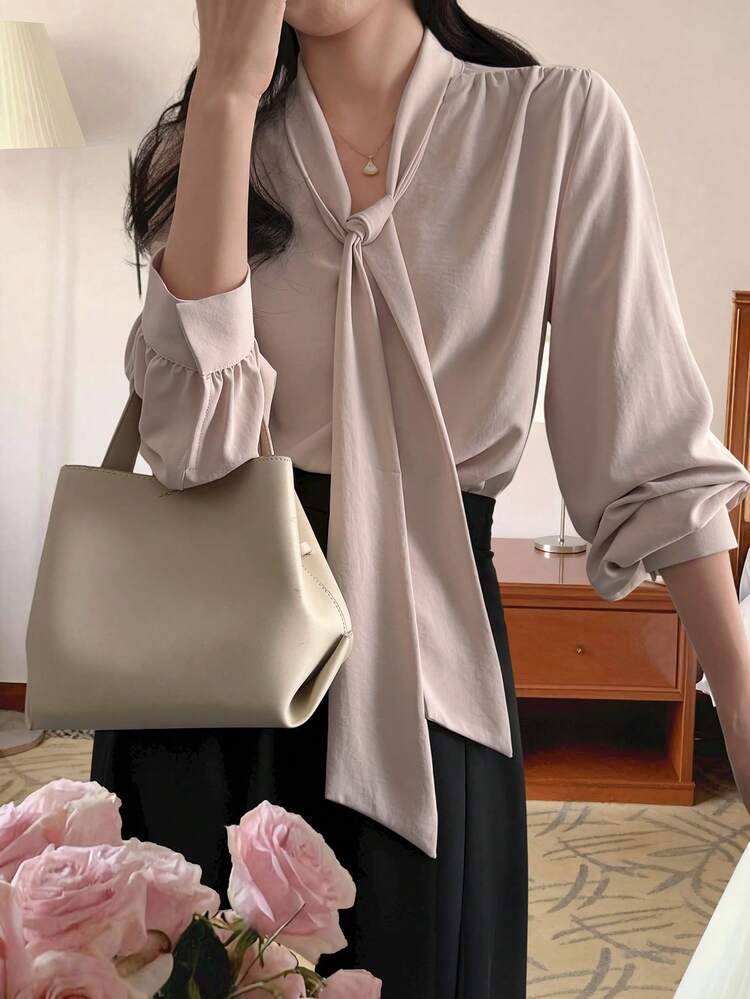 Flattering Loose Fit V-Neck Tie Front Blouse, Unique Design Women Shirt