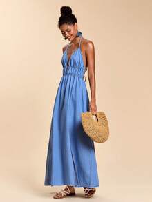 Travachic Women's Light Blue Denim Halter Neck Long Dress, Sexy Backless Summer Vacation Dress, Elegant Skirt - Light Wash - View 7