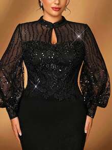 Serin Plus Size Elegant Black Winter Formal Wedding Mermaid Hem Dress,Teardrop Collar Puff Sleeve Sequin Patchwork Applique Mother Of The Bride Party Gown - Black - View 4