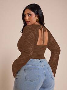 SHEIN BAE Plus Size Women Lace Patchwork Long Sleeve Top - Brown - View 5