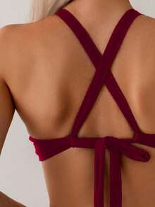 SHEIN Swim Áo bikini nữ màu trơn, dây chéo sau lưng, kiểu dáng tối giản, thoải mái - Màu Đỏ Sâu - Xem 5