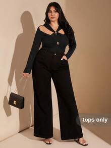 SHEIN BAE Camiseta ajustada de manga larga con abertura y nudo delantero en unicolor para mujer de talla grande, camiseta casual elegante para otoño e invierno - Negro - Ver 6