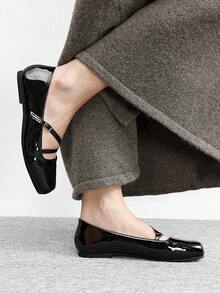 CUCCOO BIZCHIC 女士方头平底PU皮鞋，时尚简约舒适，适合日常、派对、宴会等场合，搭扣式一脚蹬，纯色鞋款 - 黑色 - 查看 5