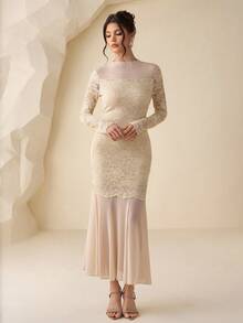 Modelyn 女士网纱撞色蕾丝长袖修身鱼尾连衣裙 - 杏色 - 查看 3