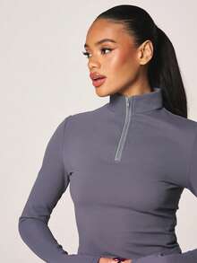 MISSGUIDED Half Zip Ribbed Long Sleeve Top With High Neck Fitted Athleisure Pullover For Casual Everyday Winter Layering Essential - Blue - View 5