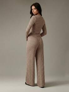 MISSGUIDED Striped Button Up Cardigan And Wide Leg Pants Co Ord Set For Women Casual Lounge Wear Fall Winter Ribbed Knit Matching Outfit - Multicolor - View 2