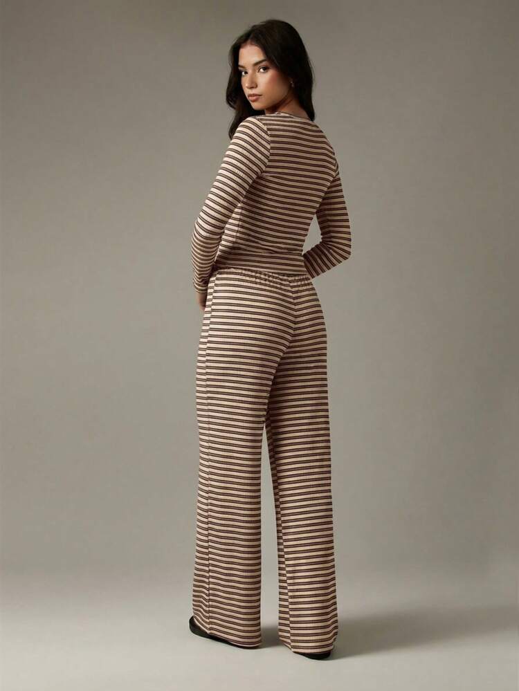 MISSGUIDED Striped Button Up Cardigan And Wide Leg Pants Co Ord Set For Women Casual Lounge Wear Fall Winter Ribbed Knit Matching Outfit