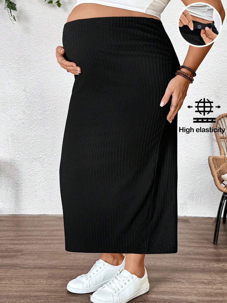 SHEIN 大码孕妇纯色休闲长款舒适透气裤 - 黑色 - 查看 1