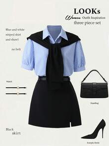 Franclia Striped Print Shirt & Split Hem Skirt & Shawl - Multicolor - View 1