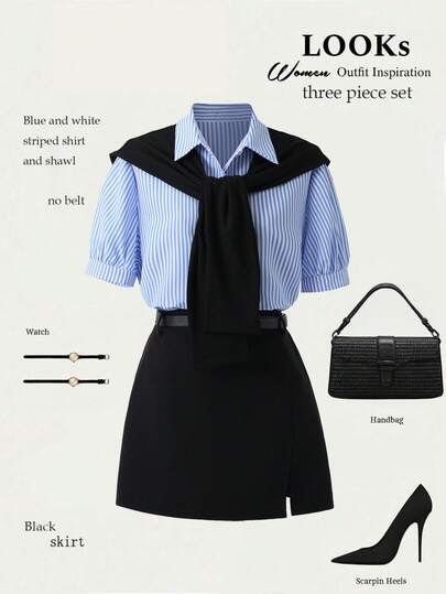 Franclia Striped Print Shirt & Split Hem Skirt & Shawl