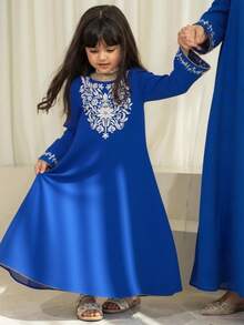 Tween-Mädchen Elegant Resort Lässig Mode Besticktes Kleid mit Rundhalsausschnitt und Langarm - Blau - Übersicht 2