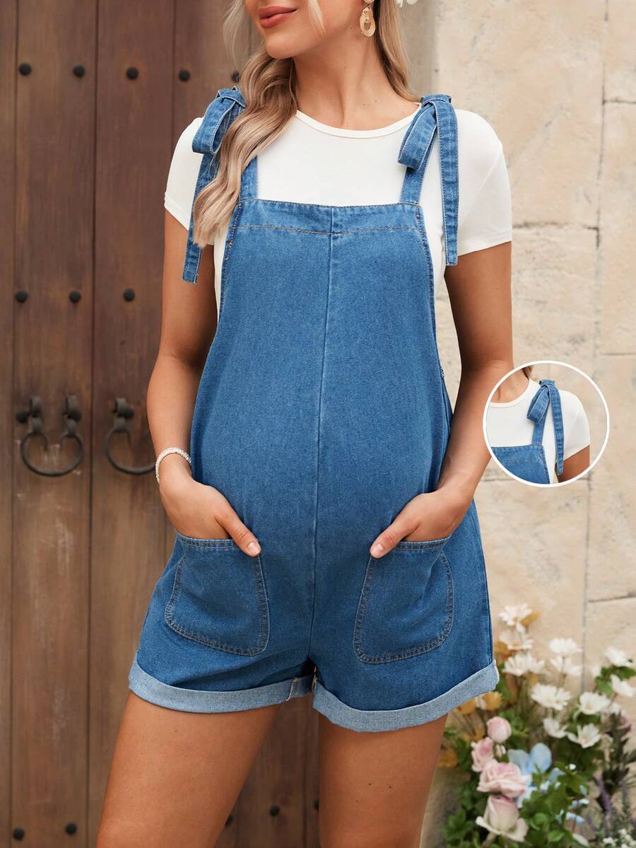 SHEIN 时尚休闲度假肩部系带蝴蝶结连体裤和背带裤，适合孕妇，春夏款 - 藍色 - 查看 1