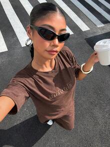 SHEIN EZwear Summer Casual Sets For Women Embroidery Letter Pattern Drop Shoulder Tee & Wide Leg Pants Set - Coffee Brown - View 4