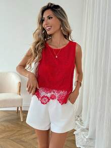 SHEIN LUNE Women's Casual Embroidered Sleeveless Vest, Red Shirt For Valentine's Day Summer Dress Summer Clothes Summer Tops Valentine's Day Valentine Clothes Casual Women Outfits - Red - View 3